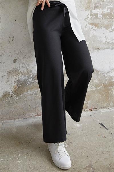 Beli Kuşaklı Bol Scuba Pantolon - Siyah