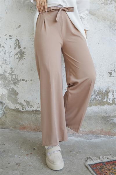 Beli Kuşaklı Bol Scuba Pantolon - Sütlü Kahve