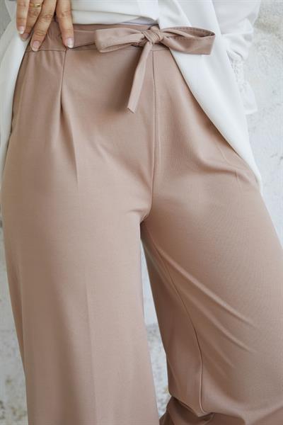 Beli Kuşaklı Bol Scuba Pantolon - Sütlü Kahve