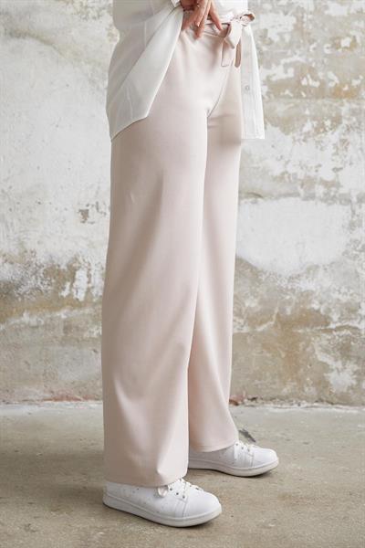 Beli Kuşaklı Bol Scuba Pantolon - Taş