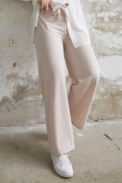 Beli Kuşaklı Bol Scuba Pantolon - Taş