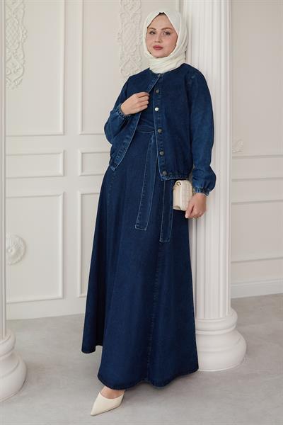 Beli Lastik Ceketli Koyu Mavi Kot Takım