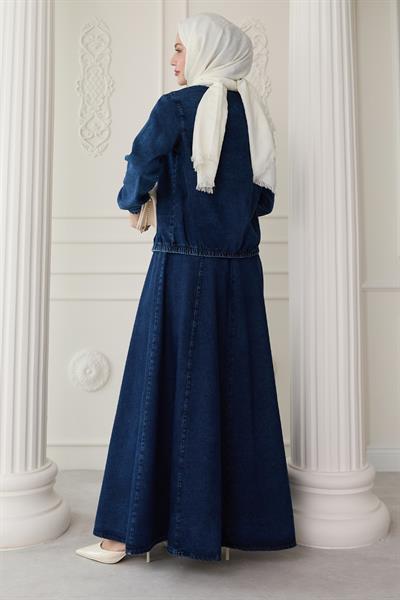 Beli Lastik Ceketli Koyu Mavi Kot Takım