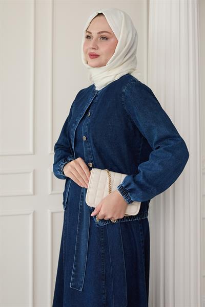 Beli Lastik Ceketli Koyu Mavi Kot Takım