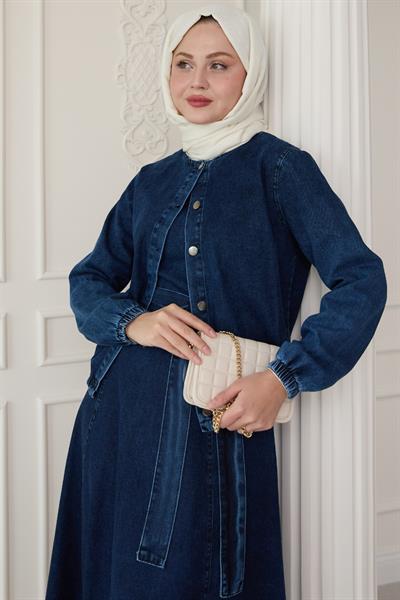 Beli Lastik Ceketli Koyu Mavi Kot Takım