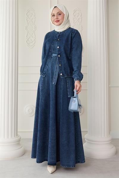 Beli Lastik Ceketli Mavi Kot Takım