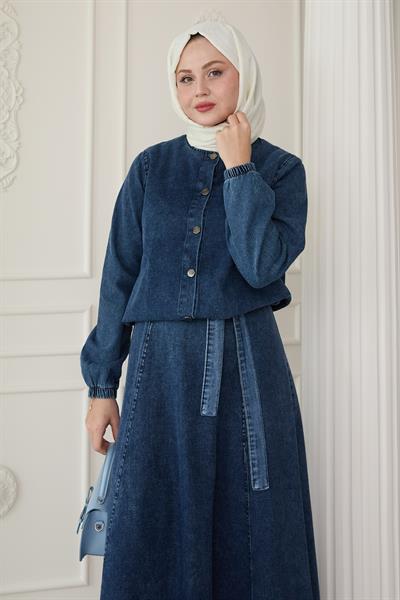 Beli Lastik Ceketli Mavi Kot Takım