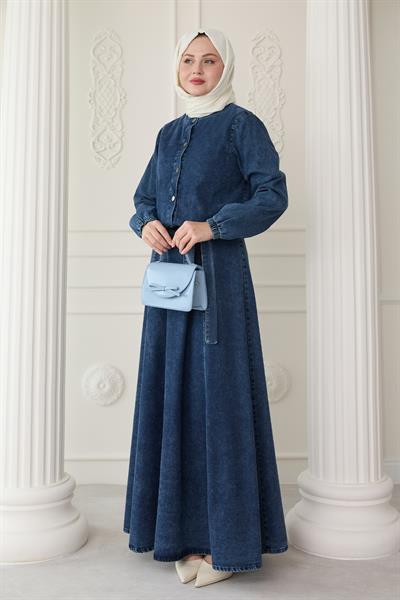 Beli Lastik Ceketli Mavi Kot Takım