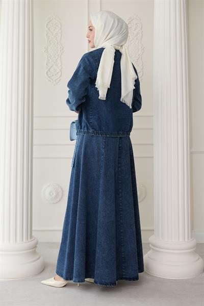 Beli Lastik Ceketli Mavi Kot Takım