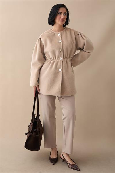 Beli Lastikli Kaşe Bej Kaban