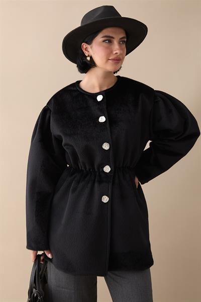 Beli Lastikli Kaşe Siyah Kaban