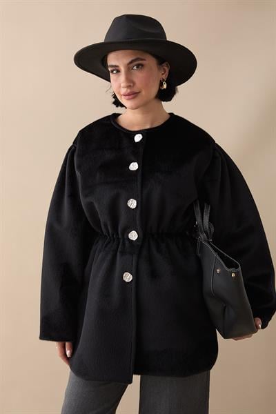 Beli Lastikli Kaşe Siyah Kaban