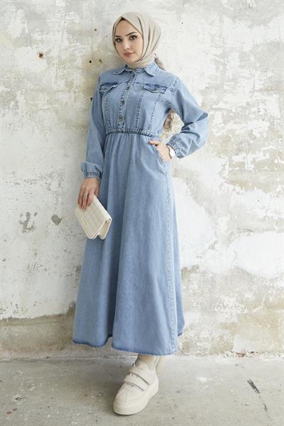 Beli Lastikli Düğmeli Açık Mavi Kot Elbise