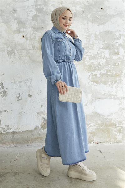 Beli Lastikli Düğmeli Açık Mavi Kot Elbise