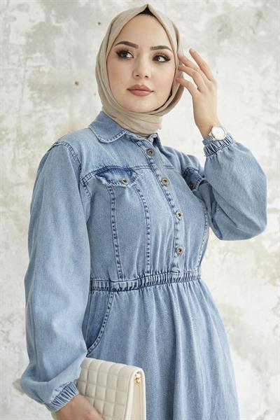 Beli Lastikli Düğmeli Açık Mavi Kot Elbise