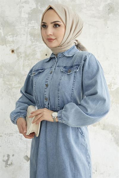 Beli Lastikli Düğmeli Açık Mavi Kot Elbise