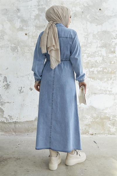 Beli Lastikli Düğmeli Açık Mavi Kot Elbise