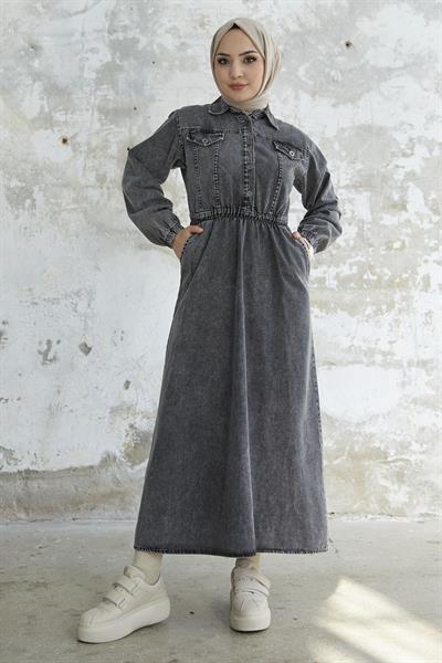 Beli Lastikli Düğmeli Gri Kot Elbise