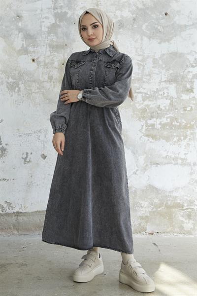 Beli Lastikli Düğmeli Gri Kot Elbise