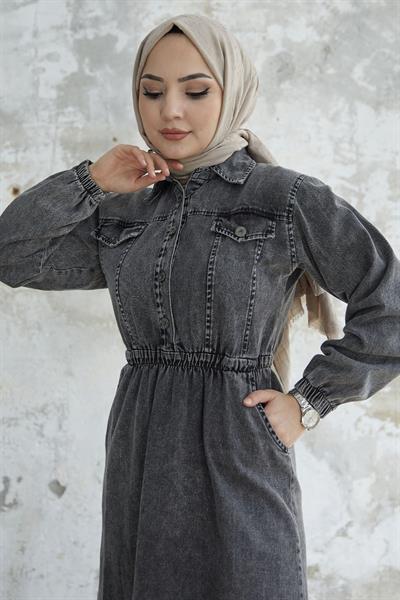 Beli Lastikli Düğmeli Gri Kot Elbise