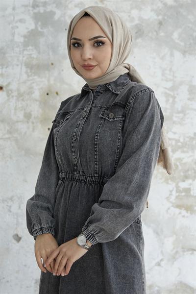 Beli Lastikli Düğmeli Gri Kot Elbise