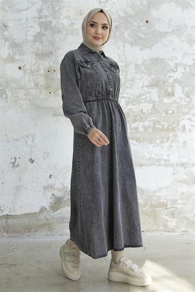 Beli Lastikli Düğmeli Gri Kot Elbise