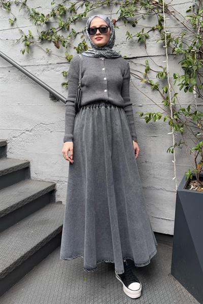 Beli Lastikli Gri Kot Etek