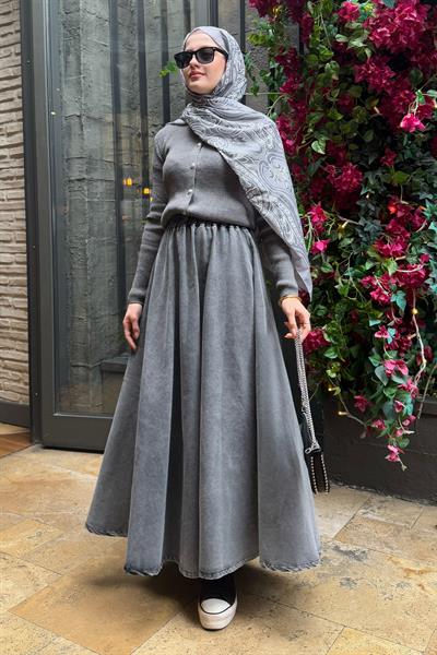 Beli Lastikli Gri Kot Etek