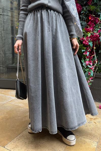 Beli Lastikli Gri Kot Etek