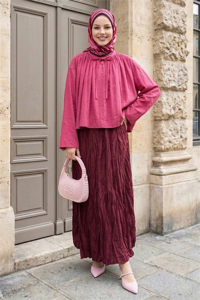 Beli Lastikli Kraş Etek Bordo