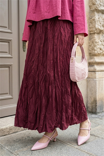 Beli Lastikli Kraş Etek Bordo