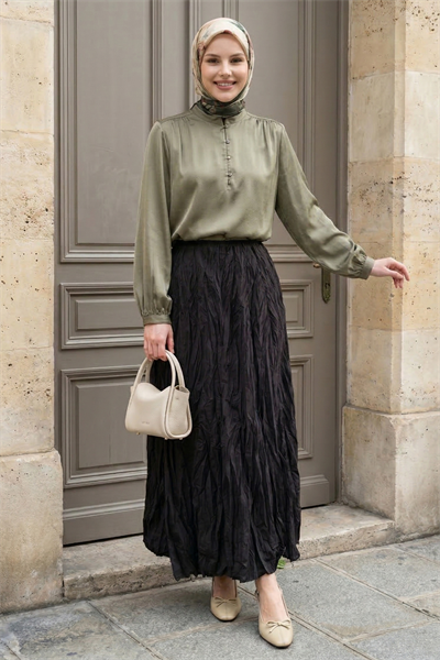 Beli Lastikli Kraş Etek Siyah