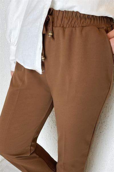 Beli Lastikli Likralı Duble Kumaş Pantolon - Taba