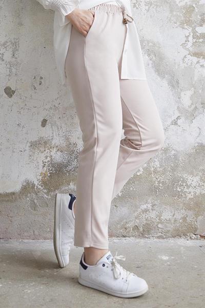 Beli Lastikli Likralı Duble Kumaş Pantolon - Açık Bej