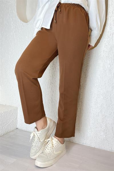 Beli Lastikli Likralı Duble Kumaş Pantolon - Taba