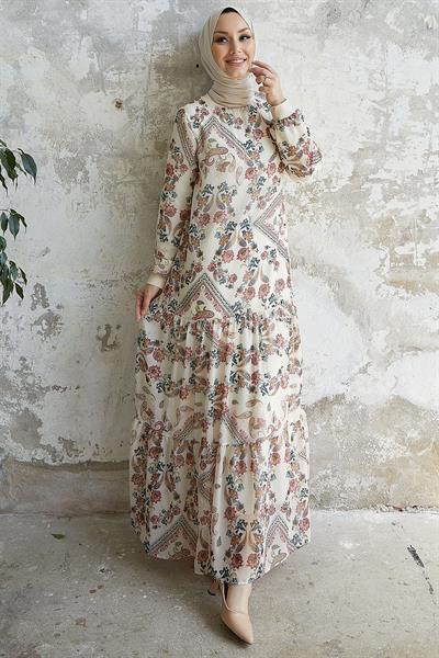 Belinda Şal Desenli Şifon Elbise - Ekru