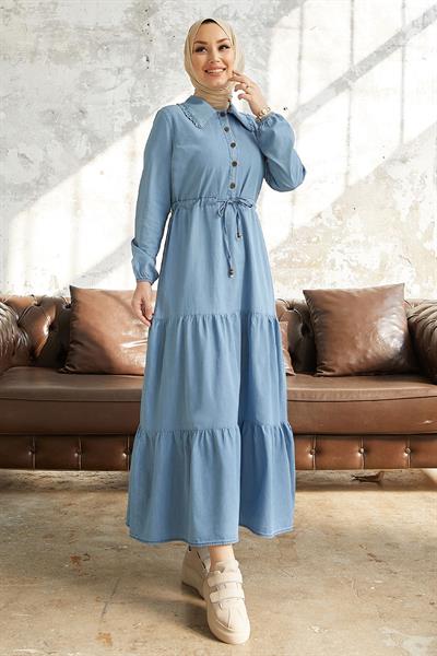 Betty Bebe Yaka Kot Elbise - Açık Mavi