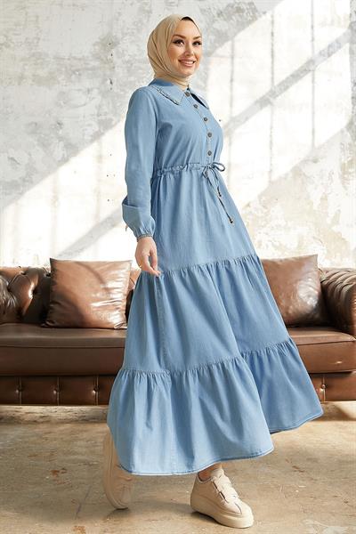 Betty Bebe Yaka Kot Elbise - Açık Mavi