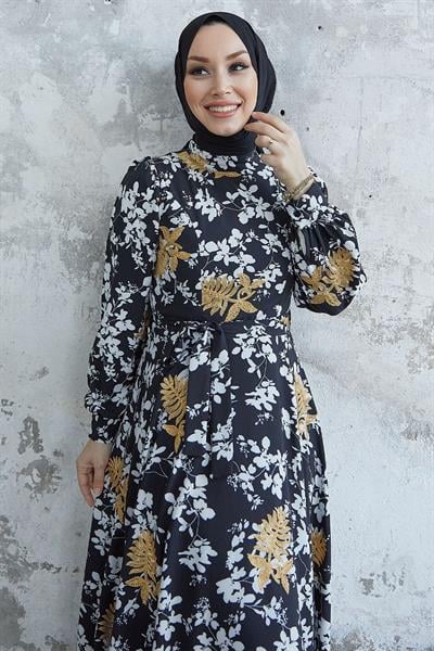 Bianka Nakış Çiçek Şifon Elbise - Siyah