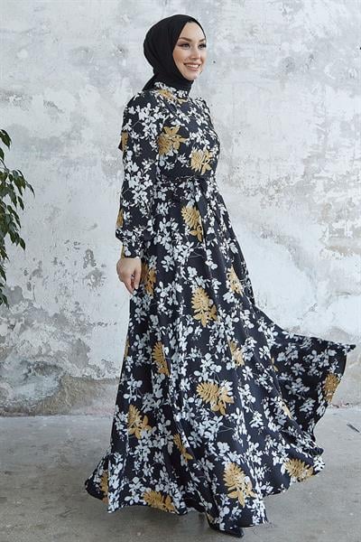 Bianka Nakış Çiçek Şifon Elbise - Siyah
