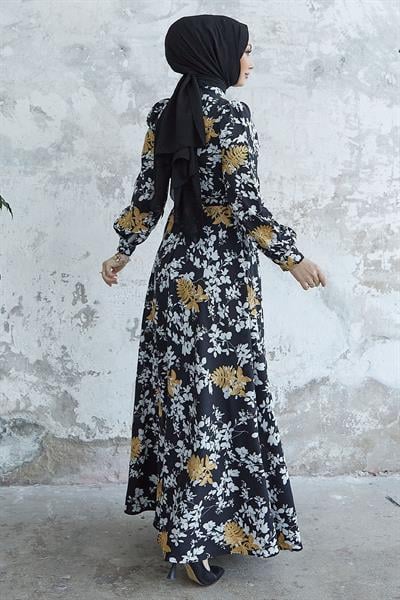 Bianka Nakış Çiçek Şifon Elbise - Siyah