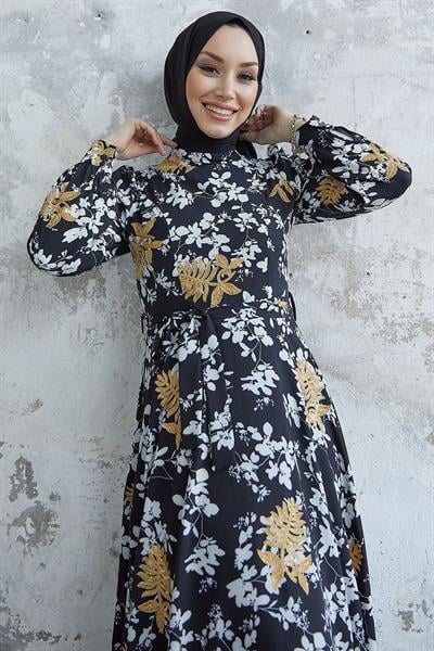 Bianka Nakış Çiçek Şifon Elbise - Siyah