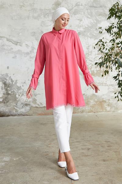 Bileği Bağlamalı Düğme Detaylı Nar Çiçeği Gömlek