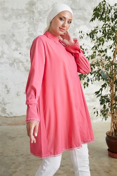 Bileği Bağlamalı Düğme Detaylı Nar Çiçeği Gömlek