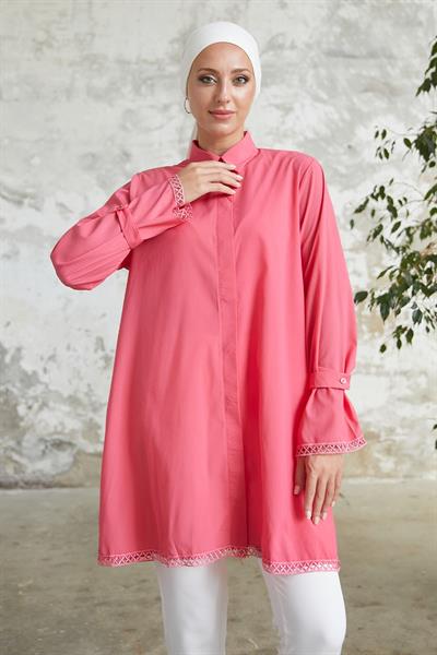 Bileği Bağlamalı Düğme Detaylı Nar Çiçeği Gömlek