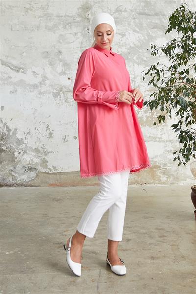 Bileği Bağlamalı Düğme Detaylı Nar Çiçeği Gömlek