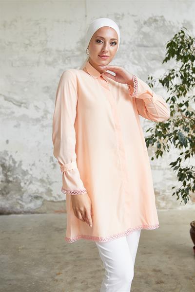 Bileği Bağlamalı Düğme Detaylı Somon Gömlek