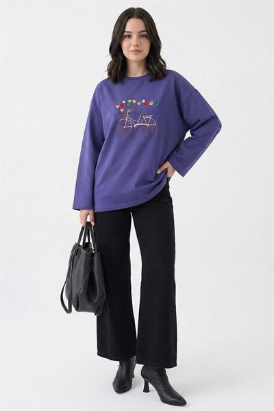 Bisiklet Desen Nakışlı Oversize Mor Sweat