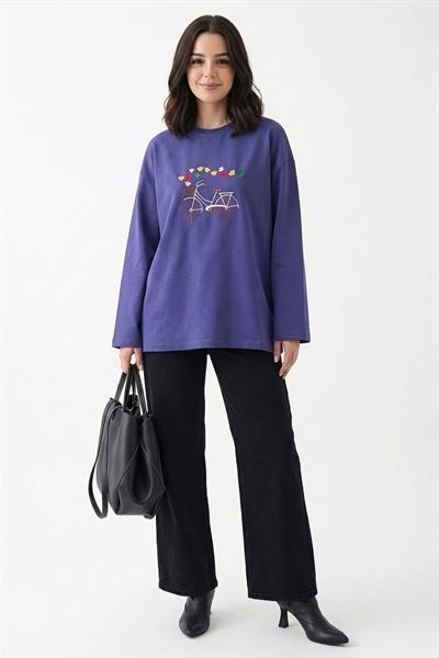 Bisiklet Desen Nakışlı Oversize Mor Sweat