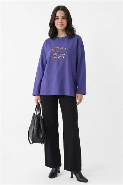 Bisiklet Desen Nakışlı Oversize Mor Sweat
